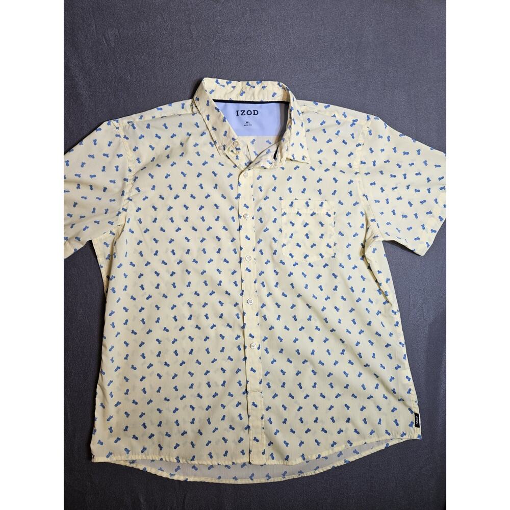 Izod Shirt Mens XXL Yellow Button Up Pineapple All Over Print Short Sleeve